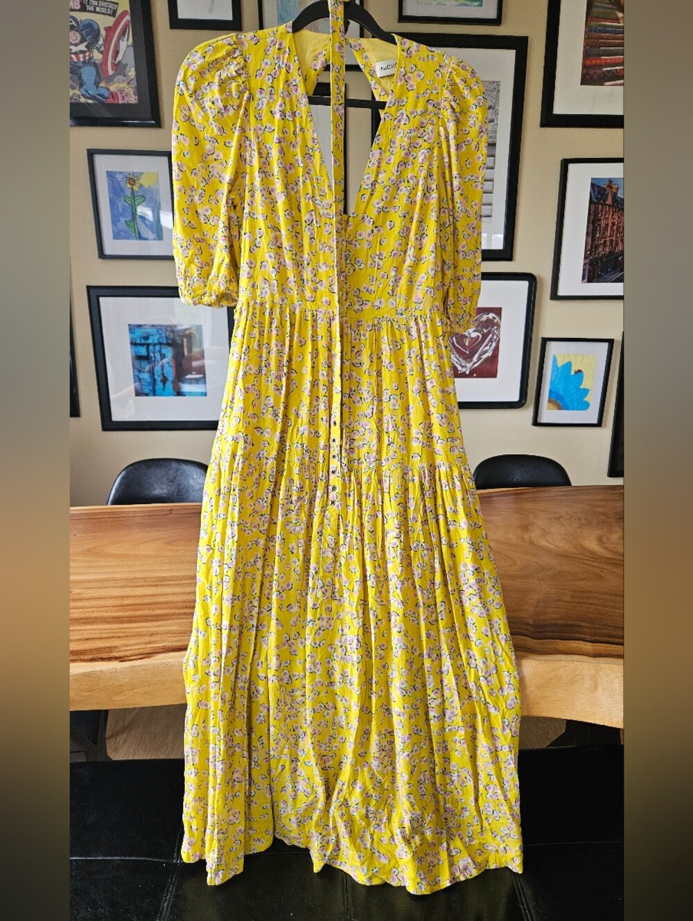 Nicholas Celie Yellow Floral Print Linen Blend Long Dress 3/4 Ballon Sleeve Sz 2